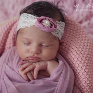 Hairband with ivory lace, purple flower and rhinestone