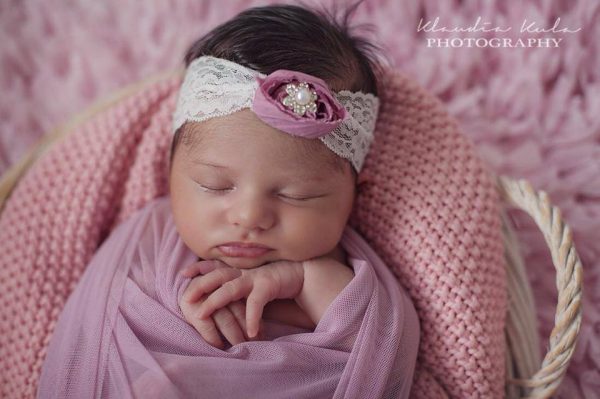 Hairband with ivory lace, purple flower and rhinestone