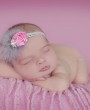 Vintage pink satin rose with grey marabou feather finished with pearl and diamante flower rhinestone on a soft grey frilly lace headband