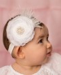 Beautiful white silk layered flower with pearl and stone finished with marabou feather and delicate net veil on a soft elastic headband