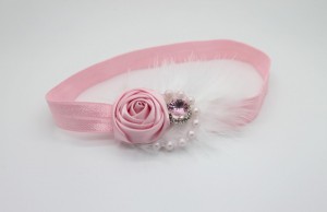 Pink rose, white feather, pearls and rhinestone party headband