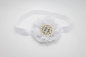 White chiffon flower with pearls and stones on soft elastic headband