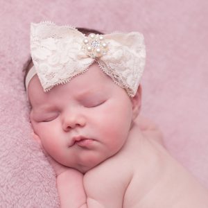Nude large lace bow with sparkly stone on soft elastic headband