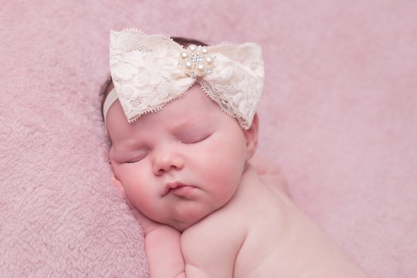 Nude large lace bow with sparkly stone on soft elastic headband