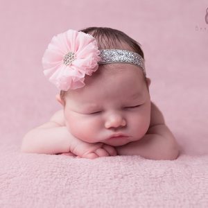 Baby pink chiffon flower with rhinestone on a silver glittery headband