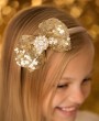 Gold sequin bow decorated with pearl and diamante rhinestone on satin aliceband