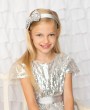 Silver sequin bow decorated with rhinestone on a wide silver satin alice band
