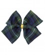 Large school double bow in green and navy woven tartan on a clip