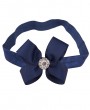 Medium navy double grosgrain bow decorated with rhinestone on a soft elastic headband