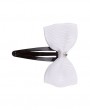Grosgrain bow in white decorated with Swarovski diamante on a snap clip.