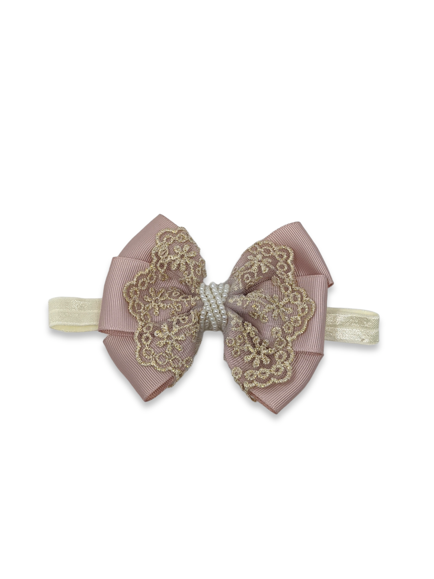 Dusky pink oversized bow with gold lace and pearls on a soft elastic headband