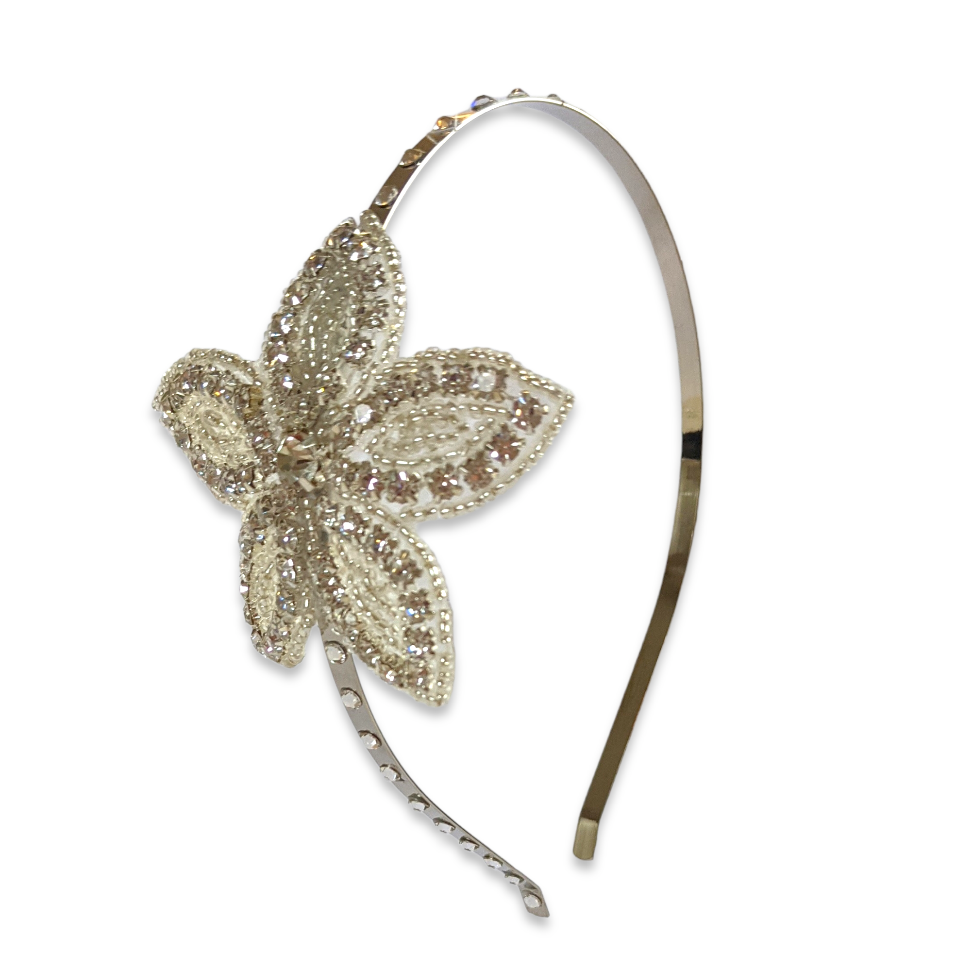 Flower crystal beaded headband on a slim silver alice band