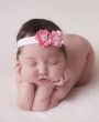 Pink satin flowers with rhinestone on a soft headband