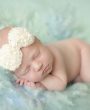 Ivory pearl bow with rhinestone on ivory elastic headband
