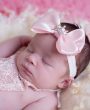 Satin pink double bow with crown on soft elastic headband