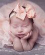 Peach frilly double large bow with rhinestone on soft elastic headband
