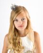 Grey diamante crown on tulle ball with pearl, satin bow on a clip