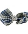 Checked navy and ivory gingham bow with rhinestone on a clip