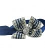 Checked ivory and navy gingham medium bow with rhinestone button on a soft headband