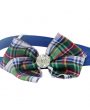 White, navy, red and green gingham medium bow with rhinestone button on a soft headband