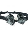 Checked black and grey gingham medium bow with rhinestone button on a soft headband