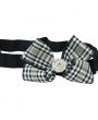 Checked black, white, beige gingham medium bow with rhinestone button on a soft headband
