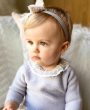 Grey bow with ivory lace fabric with pearl and diamante button on a headband