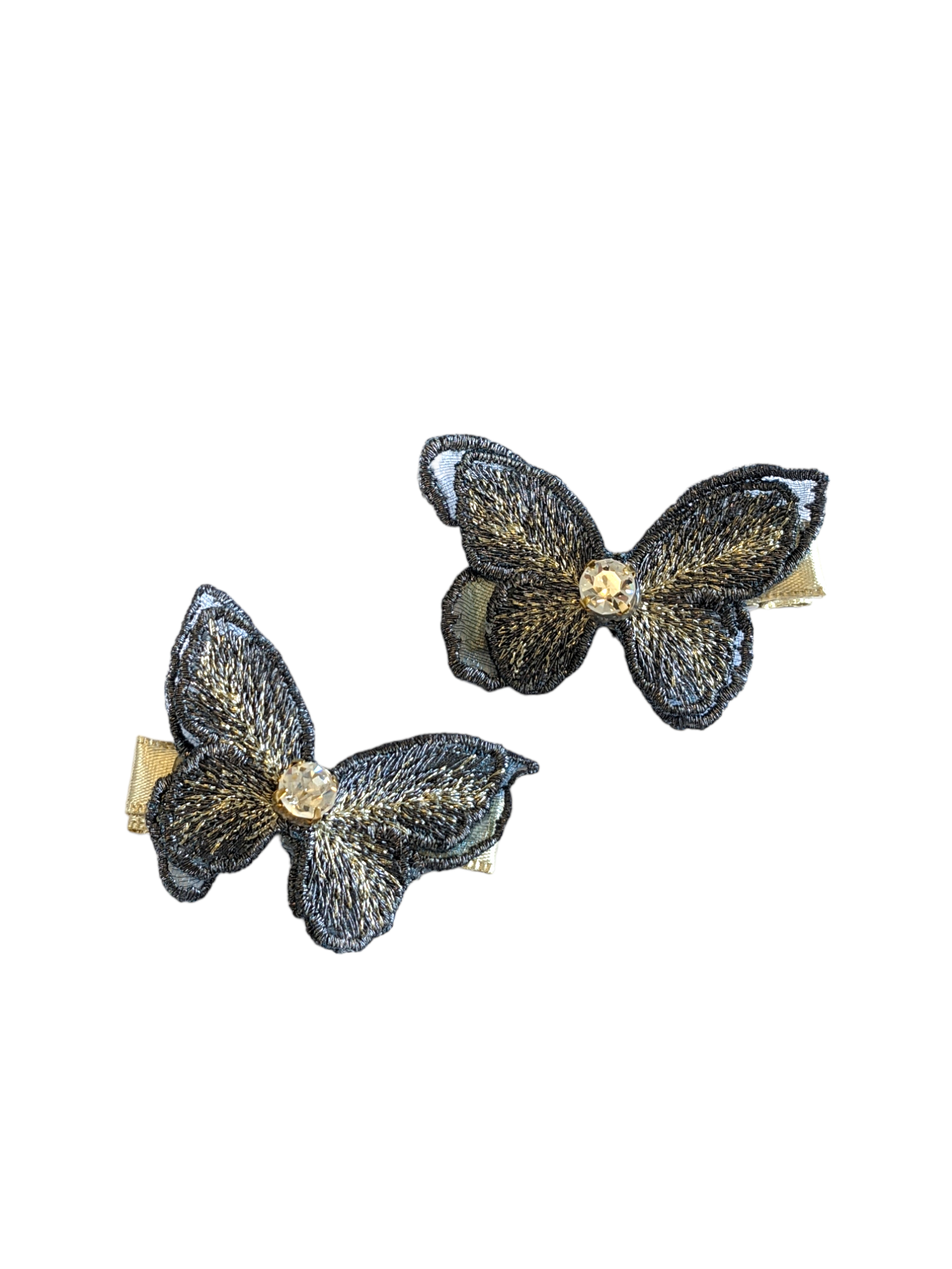 Set of two navy and gold butterflies with gold cased rhinestones on alligator clips