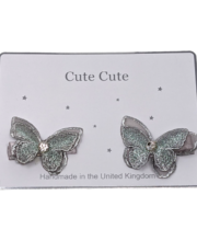 Set of two grey butterflies with silver cased rhinestones on alligator clips