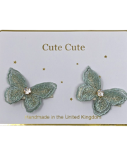 Set of two green butterflies with gold cased rhinestones on alligator clips