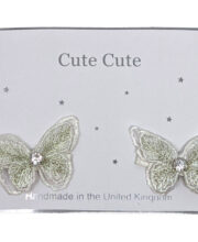 Set of two white butterflies with silver cased rhinestones on alligator clips